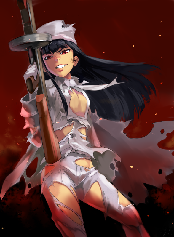 1girl, alucard_(hellsing), black_hair, drum_magazine, female_focus, fire, fur_hat, genderswap