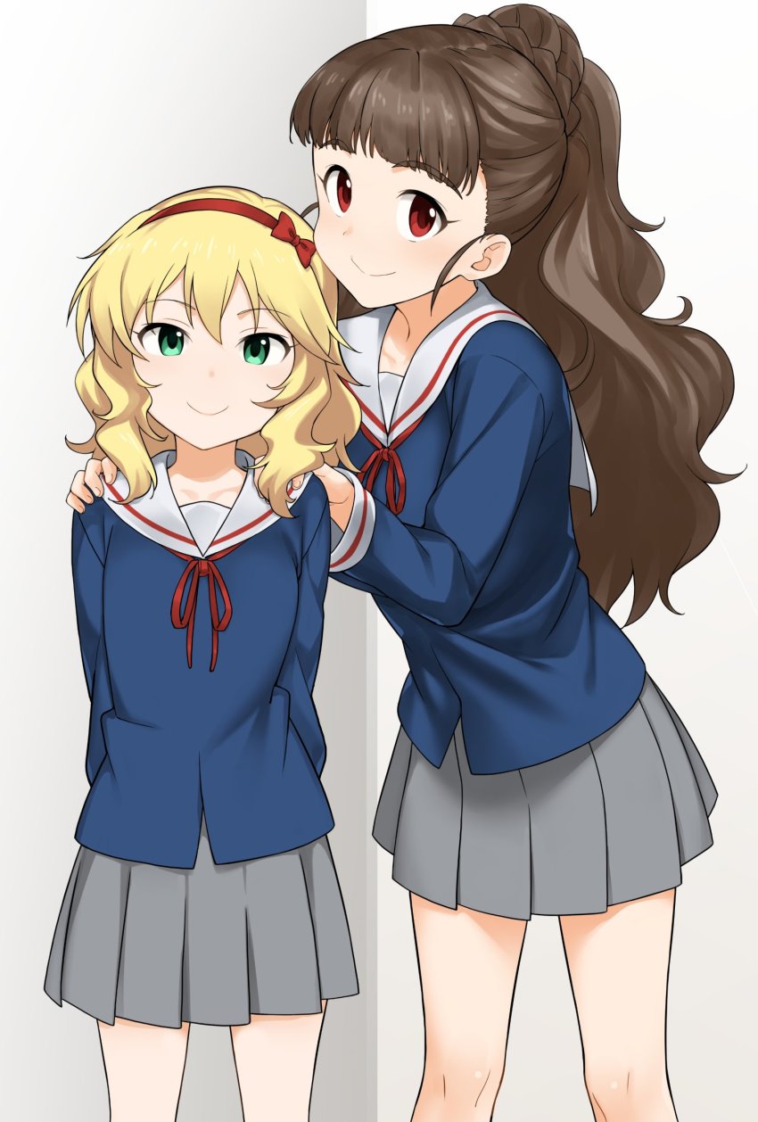 2girls, blonde_hair, blue_shirt, bow, braid, brown_eyes, brown_hair, closed_mouth, commentary_request, cosplay, green_eyes, grey_skirt, hair_bun, hands_on_another's_shoulders, hatakenaka_(kamagabuchi), head_tilt, highres, idolmaster, idolmaster_cinderella_girls, kamiya_nao, long_hair, long_sleeves, looking_at_viewer, matsui_eriko, mikakunin_de_shinkoukei, multiple_girls, neck_ribbon, pleated_skirt, ponytail, red_bow, red_ribbon, ribbon, sakurai_momoka, school_uniform, serafuku, shirt, single_hair_bun, skirt, smile, standing, terui_haruka, very_long_hair, voice_actor_connection
