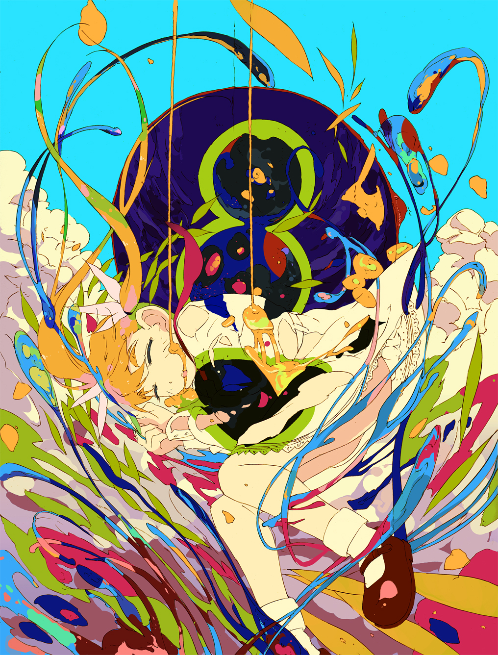 1girl, abstract, alien_nine, bike_shorts, brown_hair, cloud, colorful, dissolving_clothes, dress, female_focus, highres, kitano_yuusuke, long_hair, sleeping, solo, surreal, tomine_kasumi, yellow_knife_(alien_nine)