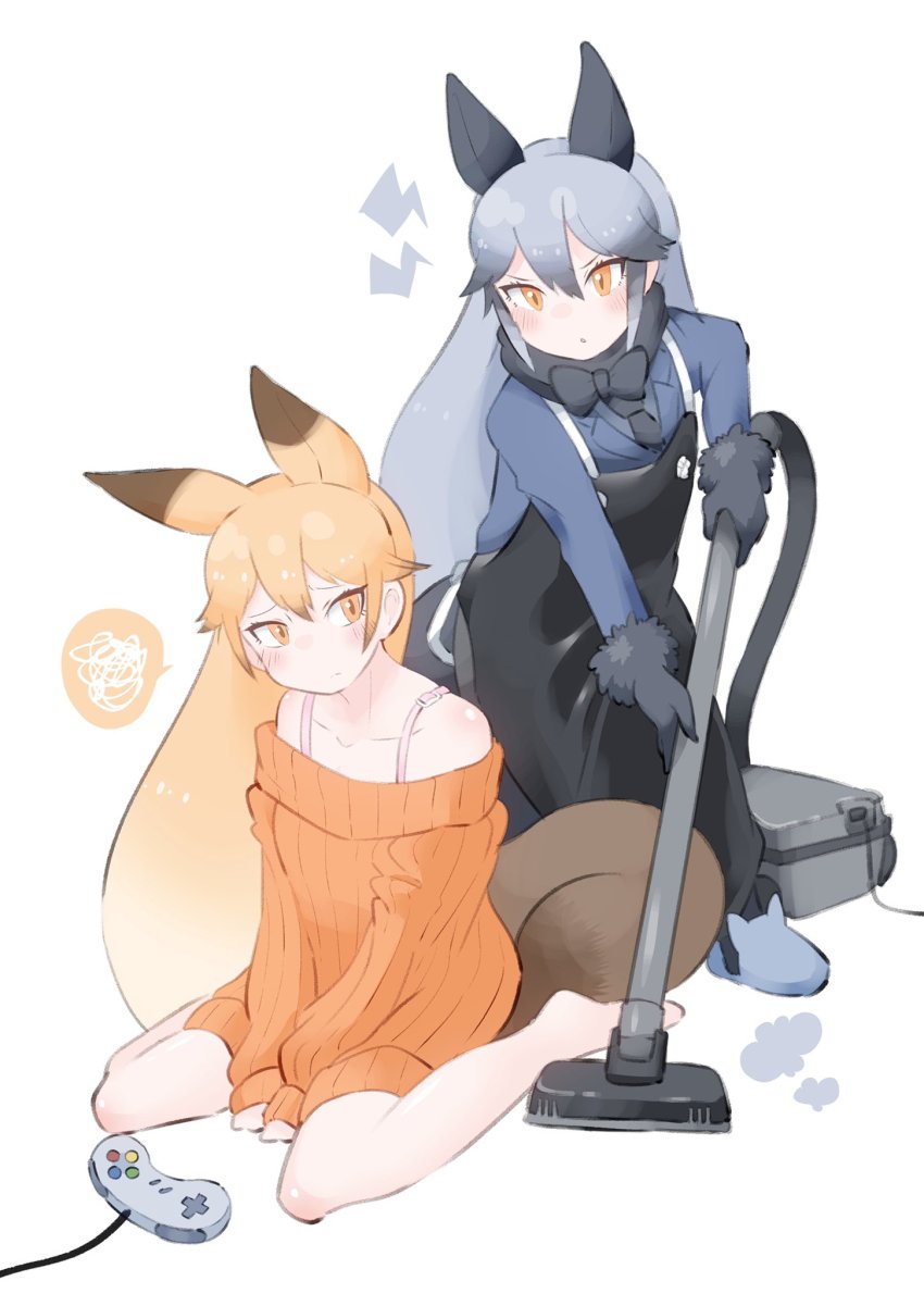 2girls, adapted_costume, animal_ears, apron, bare_legs, bare_shoulders, barefoot, black_apron, black_neckwear, blue_jacket, blush, bow, bowtie, commentary_request, controller, dress, extra_ears, ezo_red_fox_(kemono_friends), fox_ears, fox_girl, fox_tail, fur_trim, game_controller, gloves, grey_hair, highres, jacket, kemono_friends, long_hair, long_sleeves, multiple_girls, orange_eyes, orange_hair, orange_sweater, parsley_(simonov1941), sidelocks, silver_fox_(kemono_friends), slippers, sweater, sweater_dress, tail, vacuum_cleaner