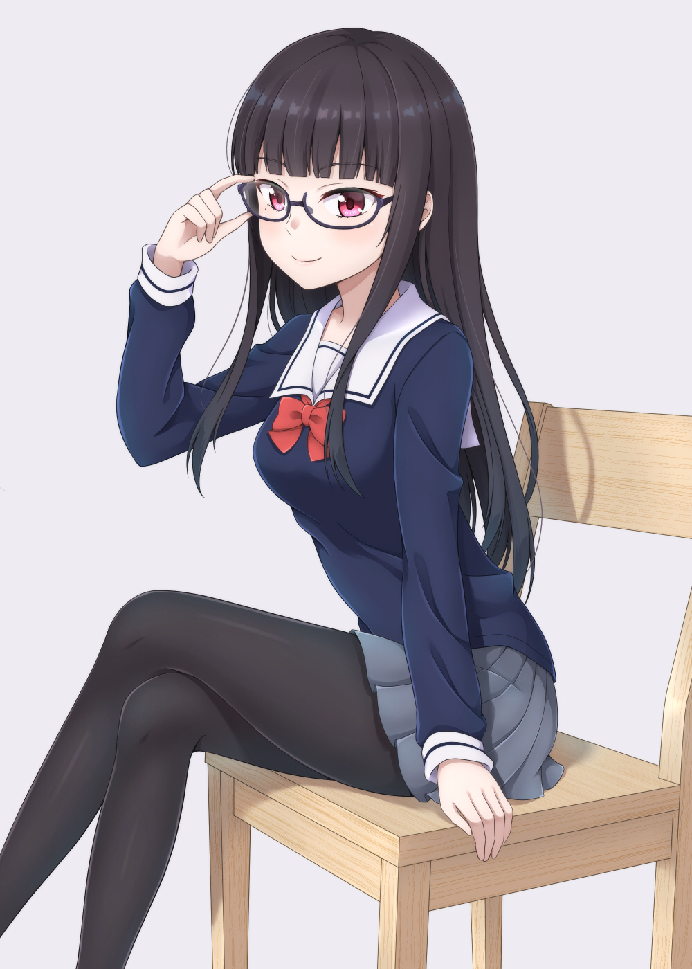 1girl, adjusting_eyewear, black-framed_eyewear, black_hair, black_pantyhose, blue_shirt, blunt_bangs, bow