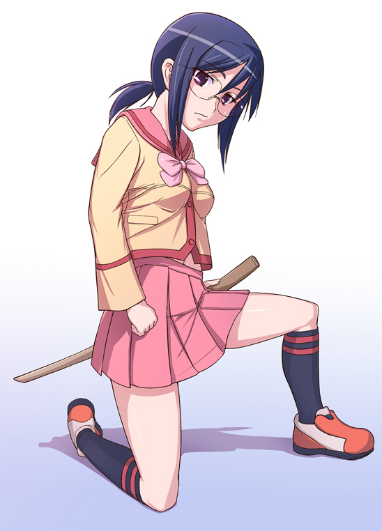 00s, 1girl, blue_hair, bokken, bow, e20, female_focus, glasses, gokujou_seitokai, hida_sayuri, katana, kneehighs, kneeling, midriff, on_one_knee, pink_bow, ponytail, purple_eyes, purple_hair, school_uniform, serafuku, shoes, skirt, sneakers, socks, solo, sword, weapon, wooden_sword