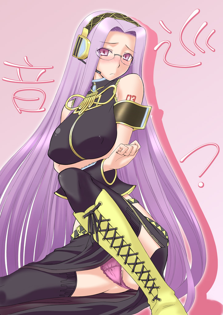 1girl, asakawa_yuu, black_thighhighs, blush, boots, breast_hold, breasts, cosplay, covered_erect_nipples, fate/stay_night, fate_(series), female_focus, glasses, headphones, lace-up_boots, large_breasts, long_hair, medusa_(fate), medusa_(rider)_(fate), megurine_luka, megurine_luka_(cosplay), panties, pantyshot, purple_eyes, purple_hair, purple_panties, siseru_samurai, solo, square_pupils, thighhighs, underwear, very_long_hair, vocaloid, vocaloid_boxart_pose, voice_actor_connection