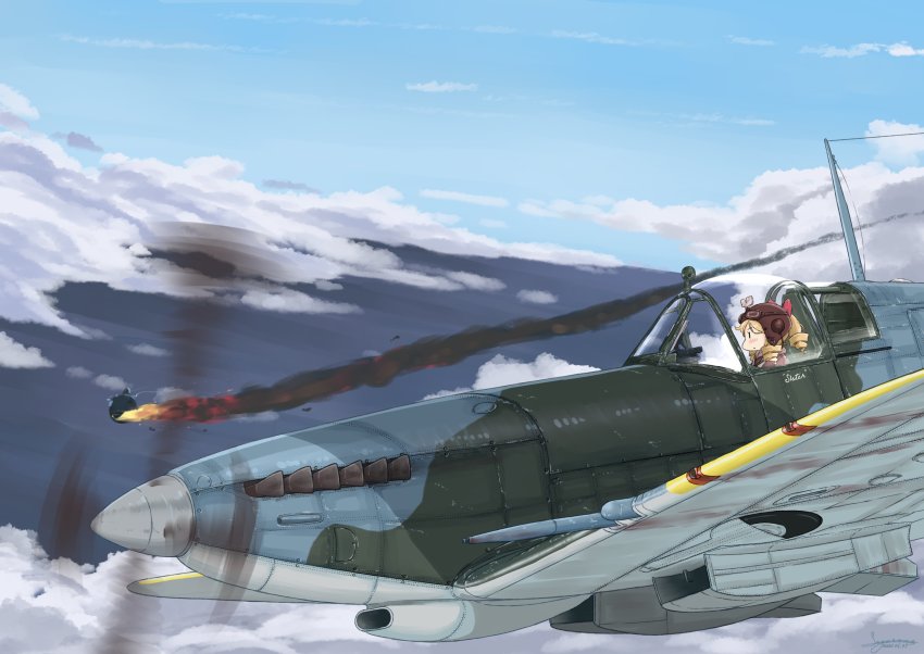 1girl, absurdres, abyssal_ship, aircraft, airplane, blonde_hair, cloud, cockpit