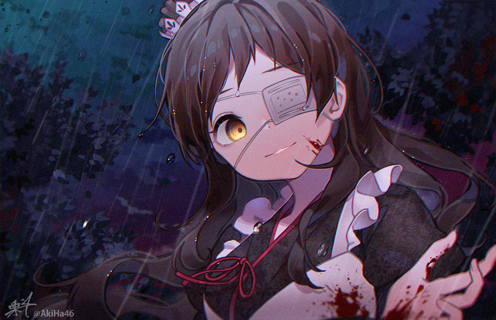 1girl, apron, black_kimono, blood, blood_on_clothes, blood_on_hands, brown_eyes, brown_hair