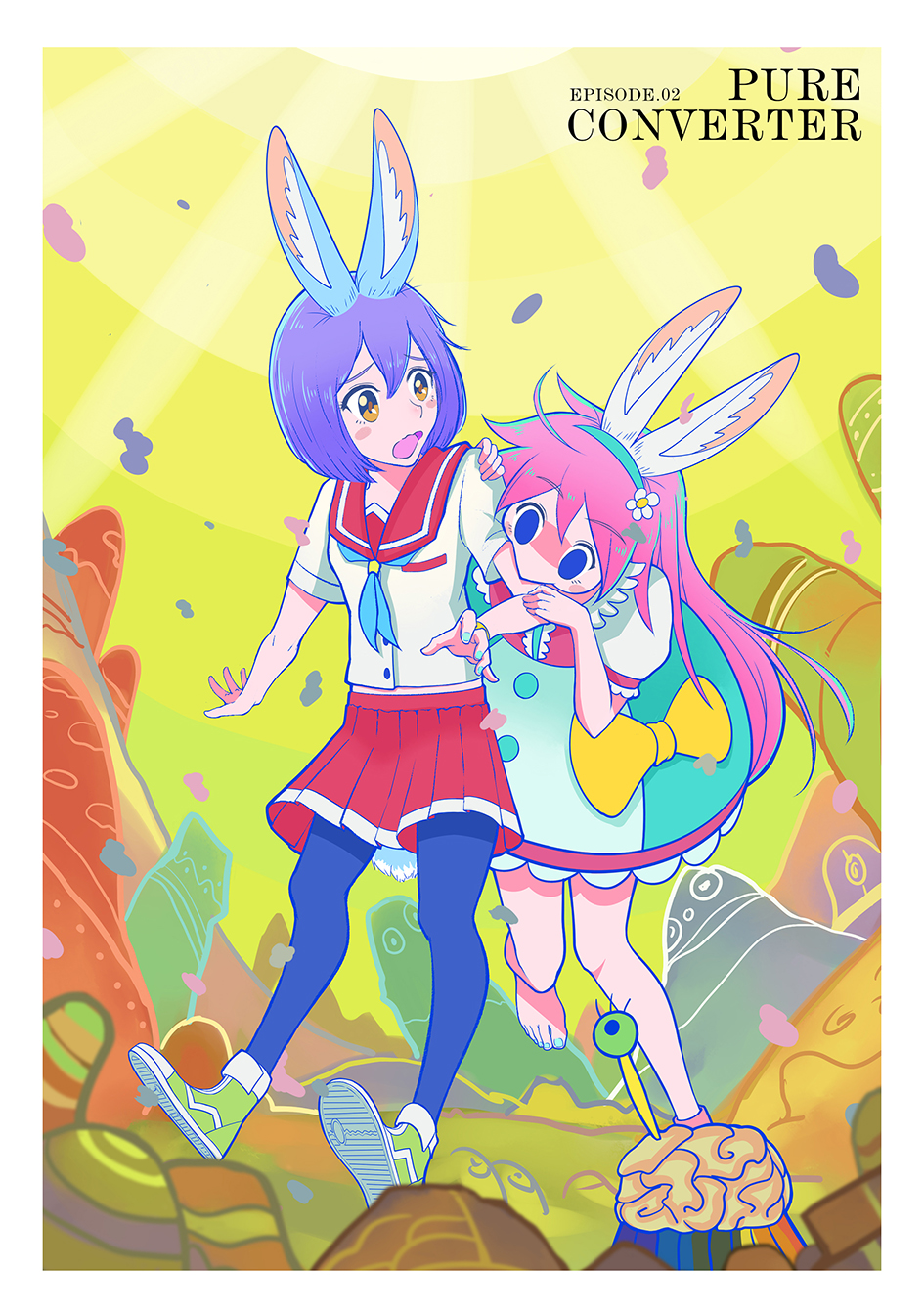 2girls, animal_ears, bad_id, bad_pixiv_id, barefoot, biting, biting_arm, blue_eyes, blue_neckerchief, blush_stickers, border, commentary, dress, empty_eyes, episode_number, episode_title, even_(ibun), flip_flappers, flower, hair_flower, hair_ornament, hairband, highres, kokomine_cocona, long_hair, looking_at_another, multiple_girls, neckerchief, open_mouth, orange_eyes, pantyhose, papika_(flip_flappers), pink_hair, purple_hair, rabbit_ears, rabbit_tail, sailor_collar, school_uniform, serafuku, shoes, skirt, standing, tail, tt-392, white_border