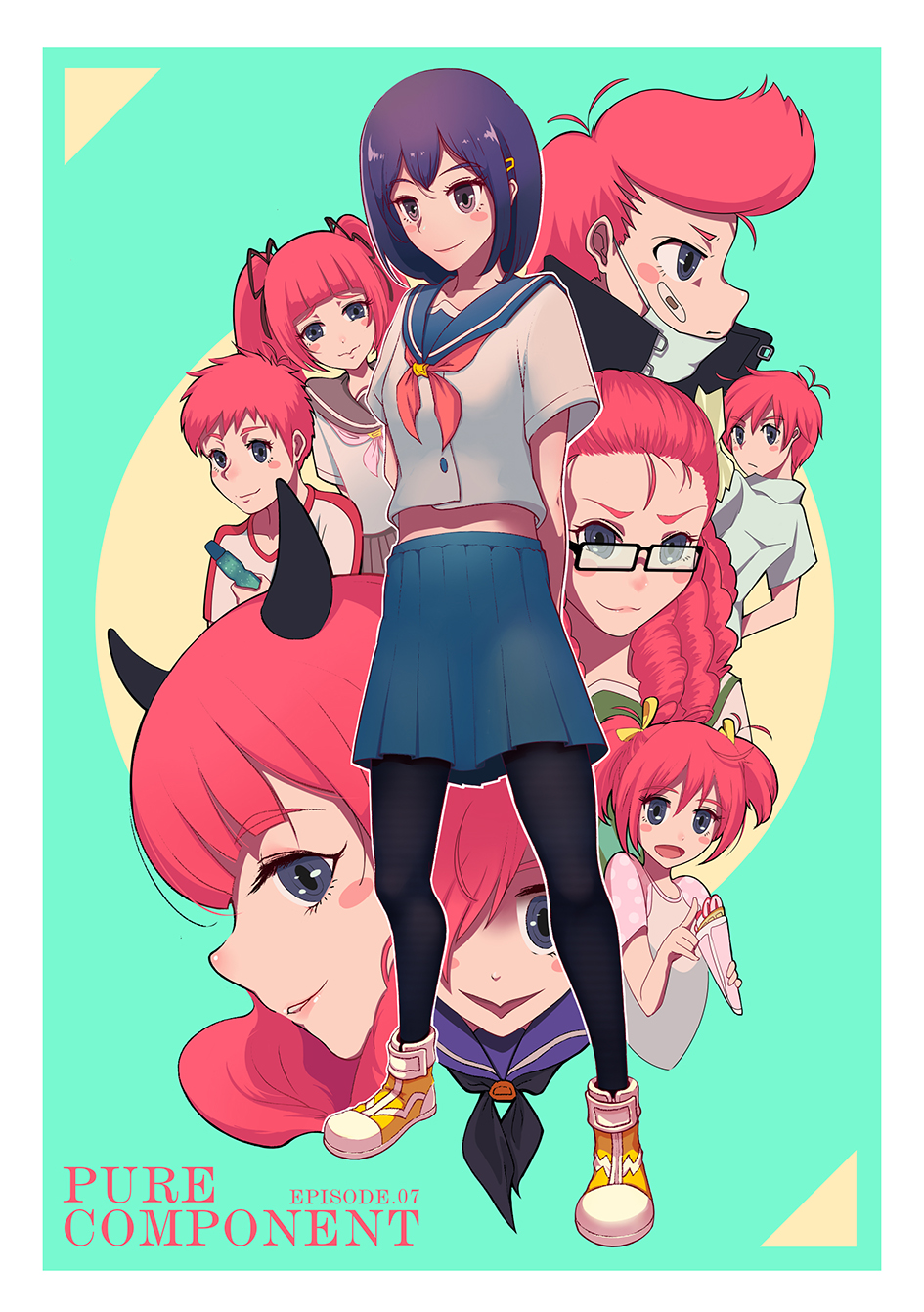 6+girls, arms_behind_back, bad_id, bad_pixiv_id, bandaid, bandaid_on_face, black_neckerchief, blue_eyes