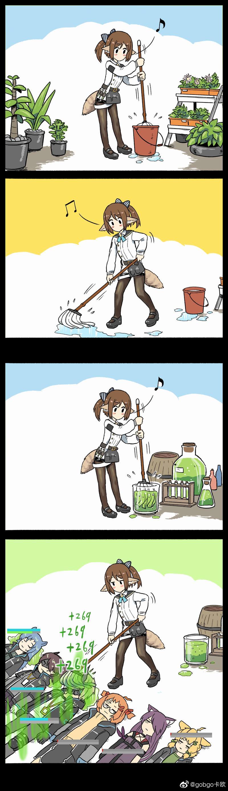 1boy, 6+girls, absurdres, alternate_costume, animal_ears, arknights, artist_request, beagle_(arknights), bucket, cat_ears, cleaning, fang_(arknights), fox_ears, fox_tail, gameplay_mechanics, garden, gobgokao, healing, health_bar, highres, horns, horse_ears, jacket, kroos_(arknights), lying, melantha_(arknights), mop, multiple_girls, noir_corne_(arknights), official_alternate_costume, on_back, oni_horns, pantyhose, perfumer_(arknights), perfumer_(species_plantarum)_(arknights), potion, rabbit_ears, smile, sweatdrop, tail, yato_(arknights)