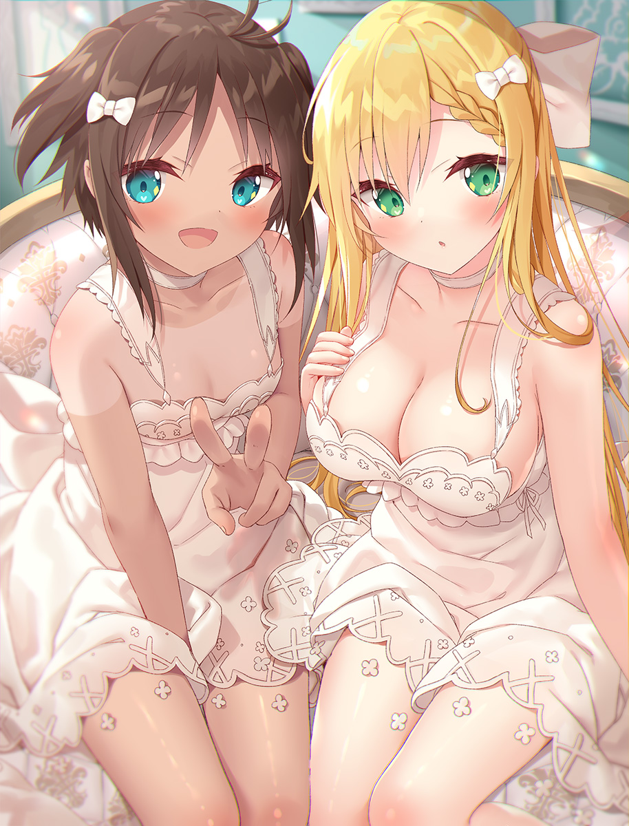 2girls, :d, azur_lane, blonde_hair, blue_eyes, blush, bow, braid