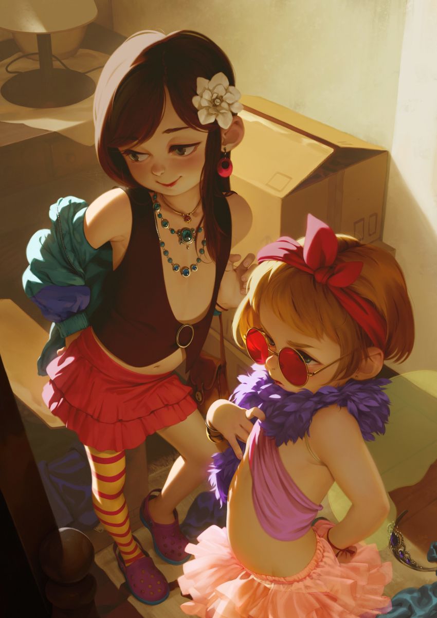 2girls, absurdres, alkemanubis, box, cardboard_box, child, crocs, earrings