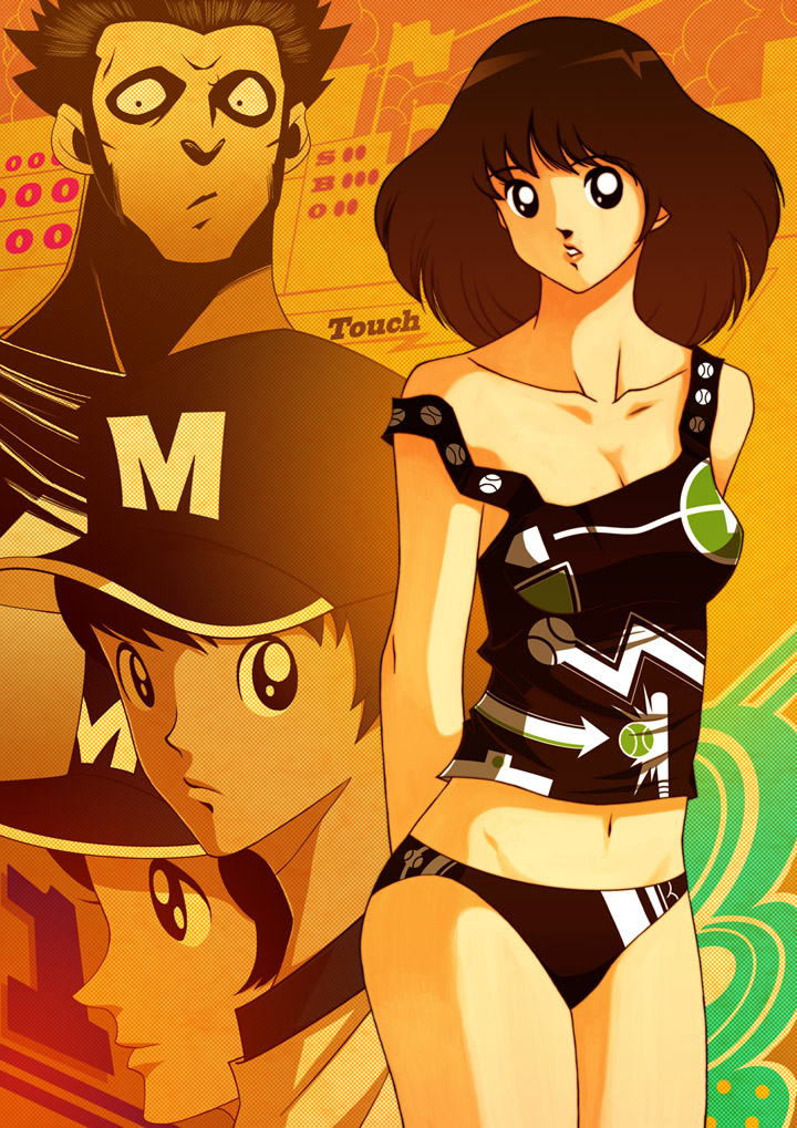 1girl, 3boys, asakura_minami, bad_id, bad_pixiv_id, baseball, ben-day_dots, black_eyes