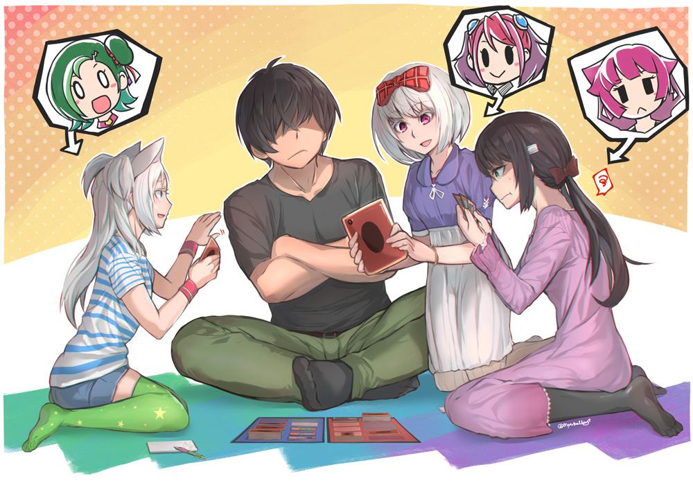 0_0, 1boy, 3girls, :>, :<, :/, :d, :t, alternate_costume, animal_ears, arrow_(symbol), azur_lane, black_hair, black_legwear, black_shirt, blush_stickers, bracelet, brown_hair, cameo, card, cat_ears, closed_mouth, collarbone, collared_shirt, commander_(azur_lane), commentary_request, crossed_arms, denim, denim_shorts, dress, faceless, faceless_male, full_body, glasgow_(azur_lane), green_eyes, green_hair, green_legwear, green_pants, hair_between_eyes, hair_bun, hair_ribbon, halftone, halftone_background, hermes_(azur_lane), hiiragi_yuzu, holding, holding_card, holding_tablet_pc, inamura_yuuna, indian_style, jewelry, kirishima_romin, kneeling, komatsu_mikako, kusunoki_tomori, long_hair, long_sleeves, low_twintails, mizuki_kotori_(yu-gi-oh!), motion_lines, multicolored_hair, multiple_girls, myuutau_tadakichi, notepad, open_mouth, orange_background, pants, pantyhose, pen, pink_dress, pink_hair, plaid_ribbon, purple_eyes, purple_shirt, red_ribbon, ribbed_legwear, ribbed_socks, ribbon, shirt, short_hair, short_shorts, short_sleeves, shorts, sidelocks, sims_(azur_lane), single_hair_bun, sitting, skirt, smile, socks, spoken_squiggle, squiggle, star_(symbol), star_print, striped_clothes, striped_shirt, t-shirt, tablet_pc, thighhighs, twintails, twitter_username, two-tone_hair, two_side_up, voice_actor_connection, wariza, white_hair, white_legwear, white_skirt, wristband, yu-gi-oh!, yu-gi-oh!_arc-v, yu-gi-oh!_sevens, yu-gi-oh!_zexal, yuu-gi-ou, yuu-gi-ou_zexal