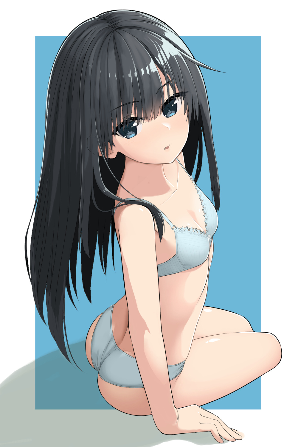 1girl, aqua_bra, aqua_panties, arm_support, asashio_(kancolle), black_hair, blue_background, blue_eyes
