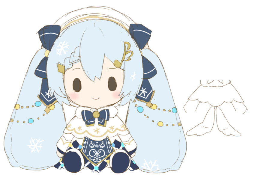 1girl, bass_clef, beret, blue_bow, blue_bowtie, blue_footwear, blush, borrowed_design, bow, bowtie, braid, braided_bangs, capelet, character_doll, chibi, doll, dress, eighth_note, female_focus, fortissimo, full_body, fur-trimmed_capelet, fur_trim, hair_ornament, hair_ribbon, hairclip, hat, hatsune_miku, liita_(dusk_snow), long_hair, looking_at_viewer, musical_note, musical_note_hair_ornament, parody, ribbon, sangatsu_youka_(style), sitting, smile, snowflake_print, solid_oval_eyes, solo, string_of_light_bulbs, style_parody, treble_clef, twintails, very_long_hair, vocaloid, white_capelet, white_dress, white_hat, yuki_miku, yuki_miku_(2021)