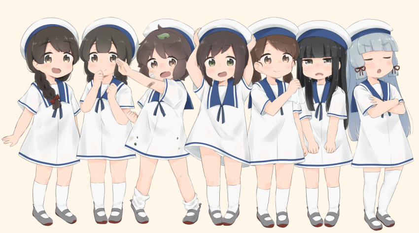 6+girls, aged_down, aoshima_sakana, arms_up, bandaid, bandaid_on_face, black_eyes, black_hair, blue_sailor_collar, blush, brown_eyes, brown_hair, closed_eyes, closed_mouth, commentary_request, cosplay, crossed_arms, crying, crying_with_eyes_open, dirty, dirty_clothes, dress, fubuki_(kancolle), full_body, green_eyes, hair_ribbon, hands_on_headwear, hat, hatsuyuki_(kancolle), hiburi_(kancolle), hiburi_(kancolle)_(cosplay), isonami_(kancolle), kantai_collection, kneehighs, leaf, leaf_on_head, lineup, looking_at_viewer, low_ponytail, miyuki_(kancolle), multiple_girls, murakumo_(kancolle), open_mouth, panties, pantyshot, ponytail, ribbon, sailor_collar, sailor_dress, sailor_hat, shikinami_(kancolle), shirayuki_(kancolle), shoes, short_hair, short_sleeves, silver_hair, simple_background, smile, socks, standing, tears, tress_ribbon, underwear, uranami_(kancolle), white_dress, white_headwear, white_legwear, white_panties