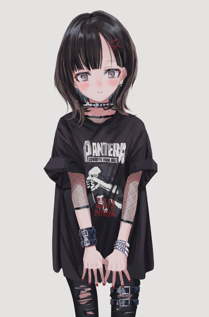 1girl, absurdres, band_shirt, black_pantyhose, black_shirt, blunt_bangs, blush, bracelet, brown_eyes, brown_hair, child, collar, cowboy_shot, earrings, english_text, female_focus, fishnets, gishiki_(gshk), goth_fashion, grey_background, highres, jewelry, looking_down, medium_hair, merchandise, nail_polish, original, pantera_(band), pantyhose, print_shirt, red_nails, shirt, simple_background, sleeves_rolled_up, solo, spiked_collar, spikes, thigh_strap, torn_clothes, torn_pantyhose