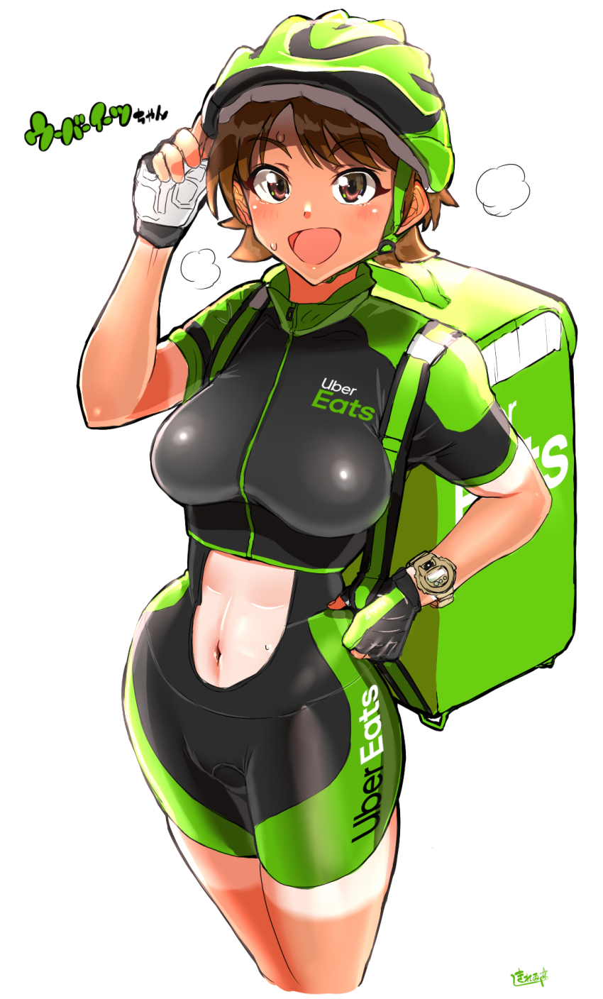 1girl, :d, abs, adjusting_clothes, adjusting_headwear, backpack, bag, bicycle_helmet