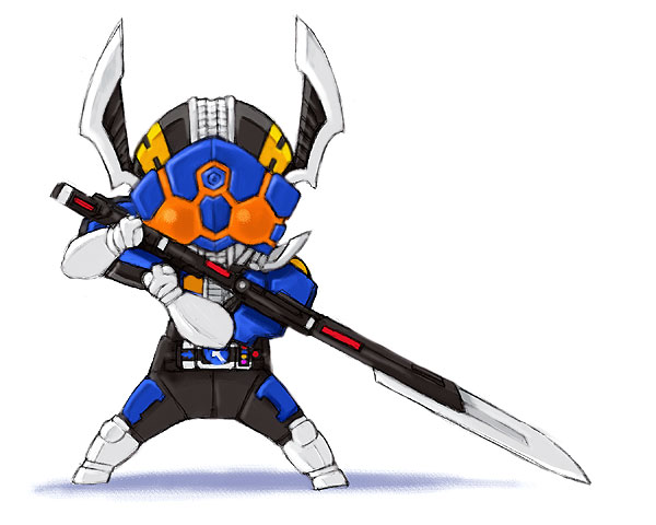 belt, chibi, glaive_(polearm), kamen_rider, kamen_rider_den-o, kamen_rider_den-o_(rod_form), kamen_rider_den-o_(series), kaos