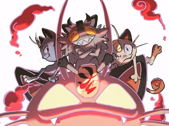 agriefthatcantbespoken, alolan_form, alolan_meowth, animal, animal_focus, animal_on_head, black_eyes, cat, cat_on_head, creature, dynamax, fangs, galarian_form, galarian_meowth, gen_1_pokemon, gen_7_pokemon, gen_8_pokemon, gigantamax, gigantamax_meowth, grin, looking_at_viewer, meowth, nintendo, no_humans, on_head, pokemon, pokemon_(creature), pokemon_on_head, simple_background, smile, white_background