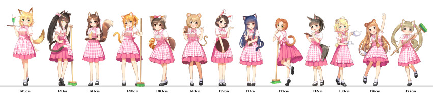 6+girls, absurdres, akagi_miria, animal_ear_fluff, animal_ears, ankle_socks, apron, bear_ears, bear_tail, black_eyes, black_hair, blonde_hair, blunt_bangs, blush, bow, broom, brown_eyes, cat_ears, cat_tail, clipboard, closed_mouth, commentary, curled_horns, drink, female_focus, fox_ears, fox_tail, from_behind, fukuyama_mai, full_body, gingham_apron, gingham_clothes, go-1, green_eyes, hair_bow, hand_on_own_hip, hand_up, height_chart, high-waist_skirt, highres, holding, holding_broom, holding_clipboard, holding_pen, holding_plate, holding_teapot, holding_tray, horns, horse_ears, horse_tail, ichihara_nina, idolmaster, idolmaster_cinderella_girls, koga_koharu, lineup, long_hair, long_image, looking_at_viewer, looking_back, mary_janes, matoba_risa, mouse_ears, mouse_tail, multiple_girls, open_mouth, pen, pink_apron, pink_skirt, plate, puffy_short_sleeves, puffy_sleeves, rabbit_ears, rabbit_tail, red_panda_ears, red_panda_tail, ryuzaki_kaoru, sajo_yukimi, sakurai_momoka, sasaki_chie, sheep_tail, shirt, shoes, short_hair, short_sleeves, simple_background, skirt, smile, socks, standing, standing_on_one_leg, tachibana_arisu, tail, teapot, tray, twintails, two-tone_apron, white_apron, white_background, white_shirt, white_socks, wide_image, wolf_ears, wolf_tail, yellow_eyes, yokoyama_chika, yusa_kozue, yuuki_haru