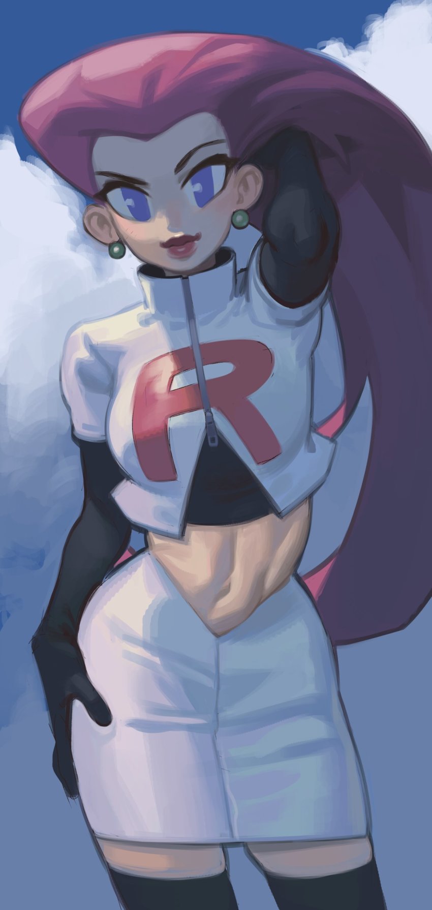 1girl, absurdres, black_gloves, black_thighhighs, cloud, cloudy_sky, commentary, cowboy_shot, crop_top, earrings, english_commentary, female_focus, gloss_(hotglossed), gloves, hair_slicked_back, hand_in_own_hair, highres, jessie_(pokemon), jewelry, lipstick, long_hair, looking_at_viewer, makeup, navel, nintendo, pencil_skirt, pokemon, pokemon:_mewtwo_strikes_back_-_evolution, pokemon_(anime), purple_eyes, red_hair, skirt, sky, solo, team_rocket, team_rocket_uniform, thighhighs, toned, turtleneck, very_long_hair, white_skirt, zettai_ryouiki, zipper_pull_tab