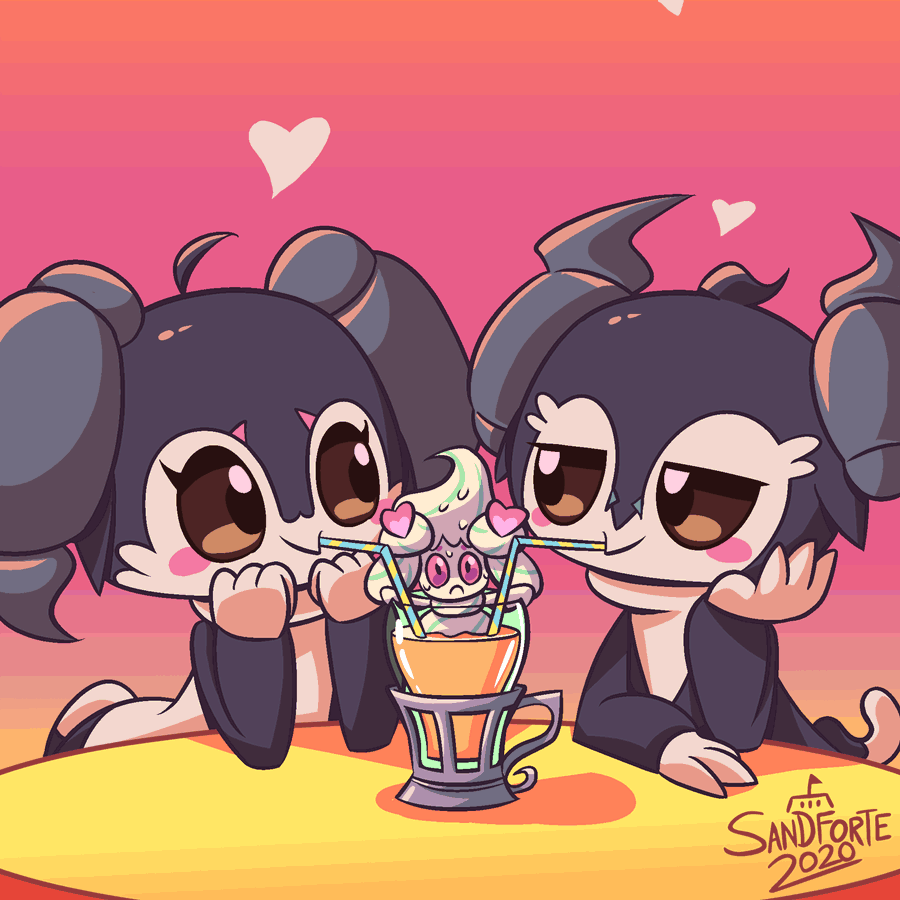 2020, alcremie, alcremie_(love_sweet), alcremie_(matcha_cream), animated, animated_gif, brown_eyes, commentary, creature, cup, drinking, drinking_glass, drinking_straw, english_commentary, frown, gen_8_pokemon, gradient_background, heart, hetero, indeedee, indeedee_(female), indeedee_(male), looking_at_viewer, nintendo, no_humans, pink_background, pokemon, pokemon_(creature), purple_eyes, sandforte, signature, sweat, table