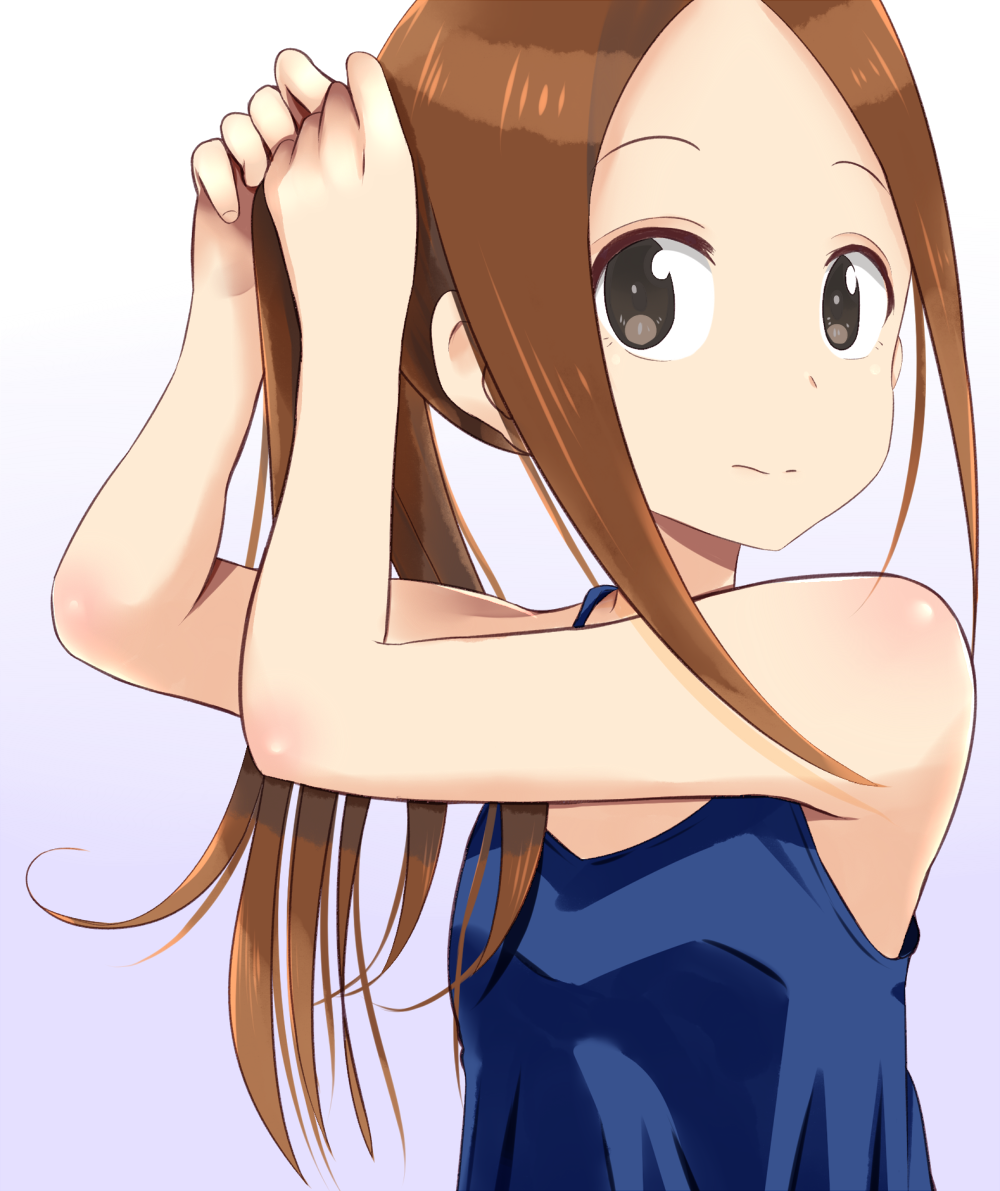 bare_arms, bare_shoulders, blue_shirt, bonfurai, brown_eyes, brown_hair, child, closed_mouth, karakai_jouzu_no_takagi-san, long_hair, looking_at_viewer, ponytail, shirt, solo, takagi-san, tank_top, tying_hair