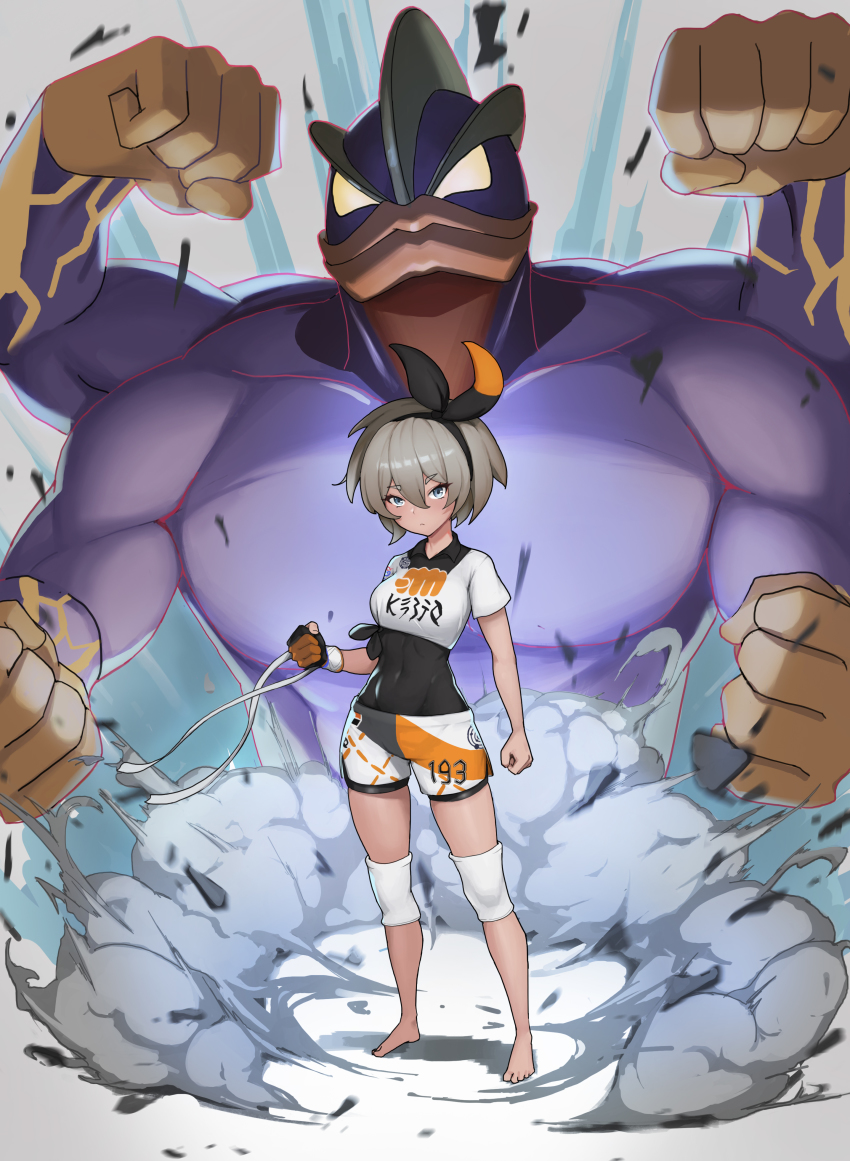 1girl, abs, absurdres, barefoot, bea_(pokemon), black_hairband, blue_eyes, blush