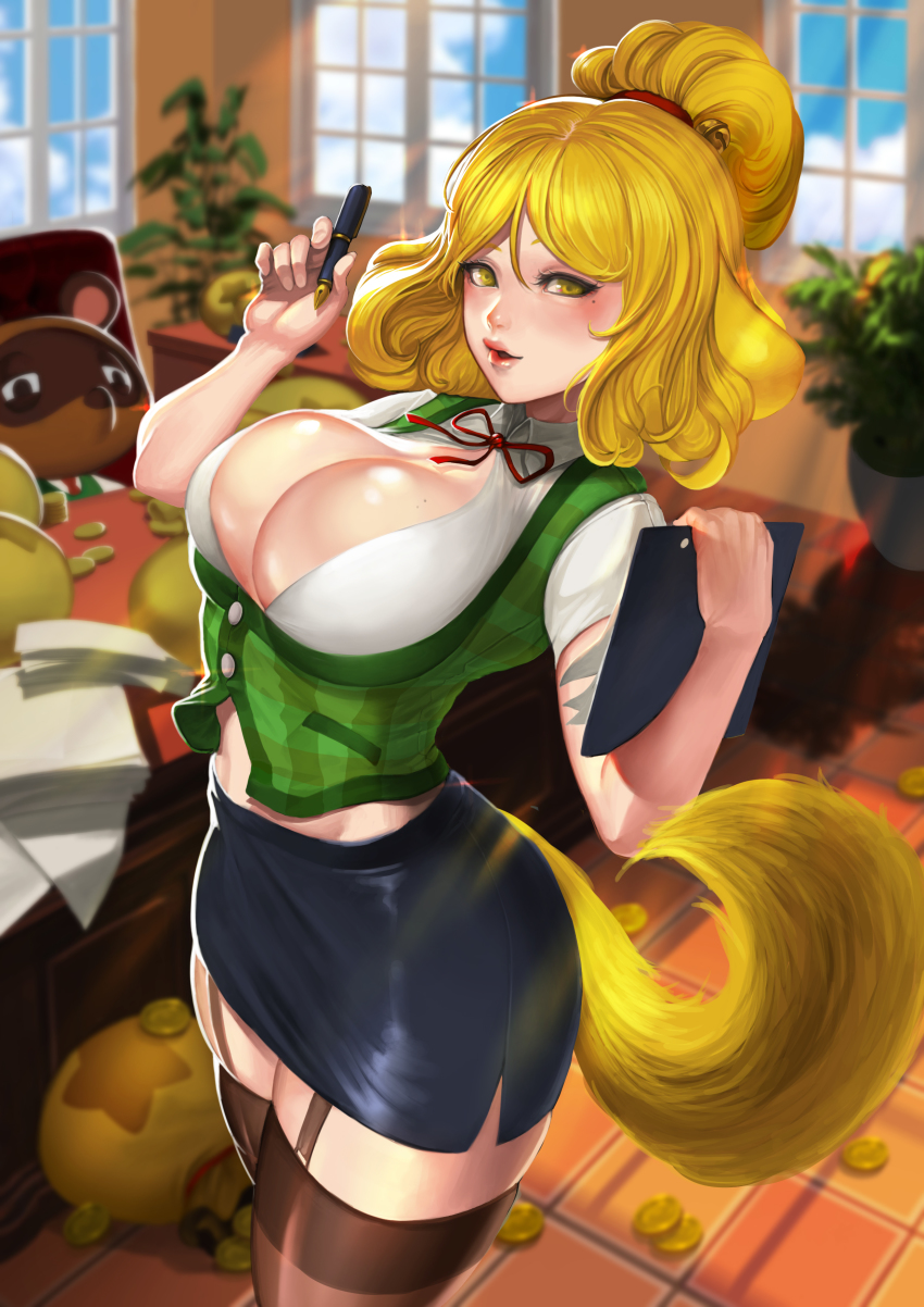 1boy, 1girl, absurdres, animal_crossing, animal_ears, black_skirt, black_thighhighs, blonde_hair, blurry, blurry_background, blush, breasts, cleavage, coin, commentary, day, dog_ears, dog_girl, dog_tail, hair_ornament, highres, holding, holding_pen, humanization, indoors, isabelle_(animal_crossing), large_breasts, looking_at_viewer, medium_hair, mole, mole_under_eye, nintendo, office_lady, open_mouth, pen, pencil_skirt, plant, shirt, short_sleeves, skirt, smile, solo_focus, tail, tanuki, thighhighs, tom_nook_(animal_crossing), topknot, white_shirt, window, yudogk_sonyeon