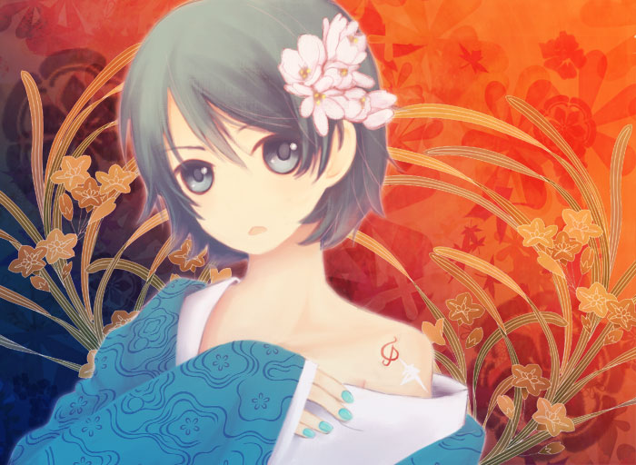 1boy, aqua_nails, bad_id, bad_pixiv_id, bare_shoulders, black_eyes, black_hair, crossdressing, crossdressing_(mtf), flower, gundam, hair_flower, hair_ornament, japanese_clothes, kamille_bidan, kimono, male_focus, nail_polish, short_hair, solo, suzushiro_haru, trap, zeta_gundam