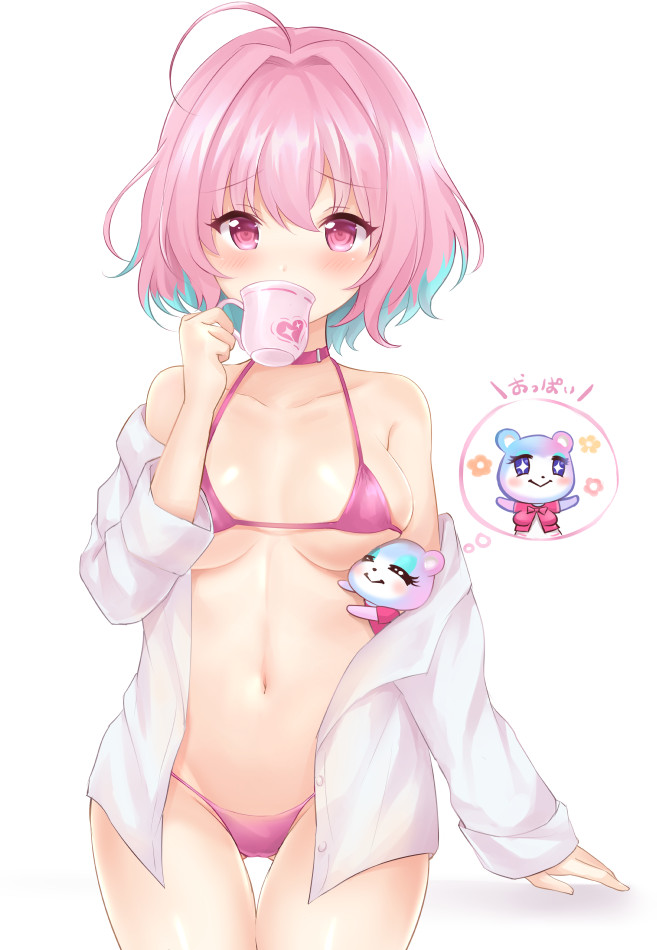 1girl, ahoge, animal_crossing, animal_crossing:_new_horizons, bikini, blue_hair, blush, breasts, choker, crossover, cup, drinking, holding, holding_cup, idolmaster, idolmaster_cinderella_girls, judy_(animal_crossing), long_sleeves, looking_at_viewer, medium_breasts, micro_bikini, multicolored_hair, navel, nikoo, nintendo, pink_bikini, pink_choker, pink_eyes, pink_hair, shirt, short_hair, simple_background, swimsuit, two-tone_hair, white_background, white_shirt, yumemi_riamu