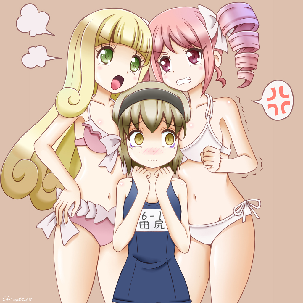 2020, 3girls, angry, artist_name, between_breasts, bikini, blonde_hair, blue_one-piece_swimsuit