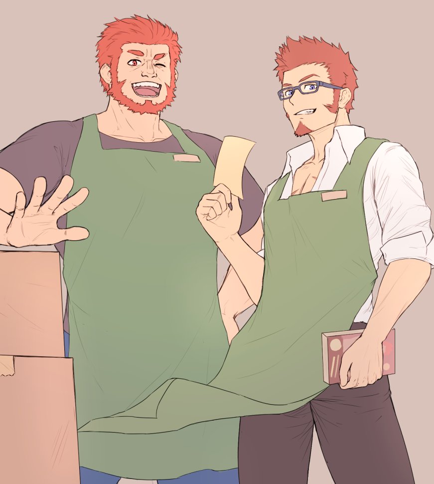 2boys, alternate_costume, apron, beard, blue_eyes, book, box, brown_hair