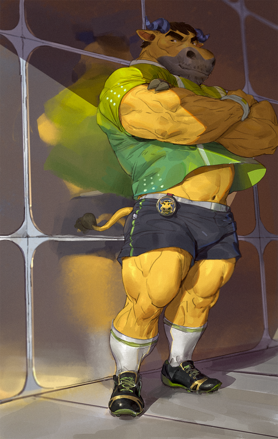 1boy, animal_crossing, bara, beard, bracelet, brown_hair, bull, coach_(animal_crossing)