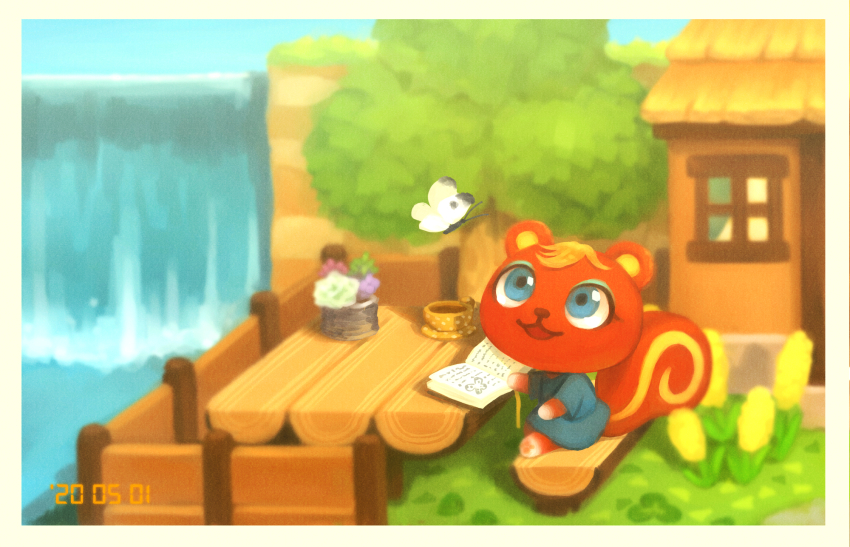 1girl, animal_crossing, animal_ears, blonde_hair, blue_eyes, book, bug, butterfly, caroline_(animal_crossing), cup, dated, female_focus, flower, furry, furry_female, grass, highres, insect, leaf, nibus, nintendo, open_mouth, sitting, solo, squirrel_ears, squirrel_tail, tail, teacup, water, waterfall