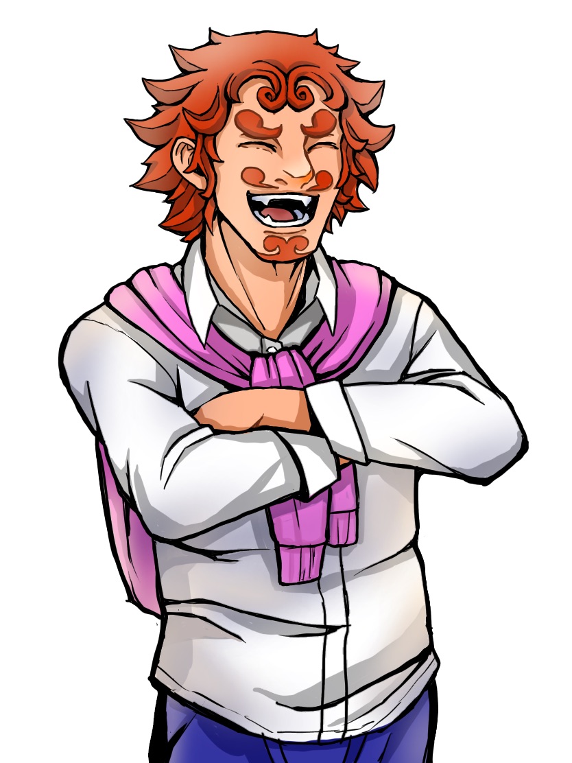 1boy, aoppoi., beard, crossed_arms, animal_crossing, closed_eyes, facial_hair, fangs