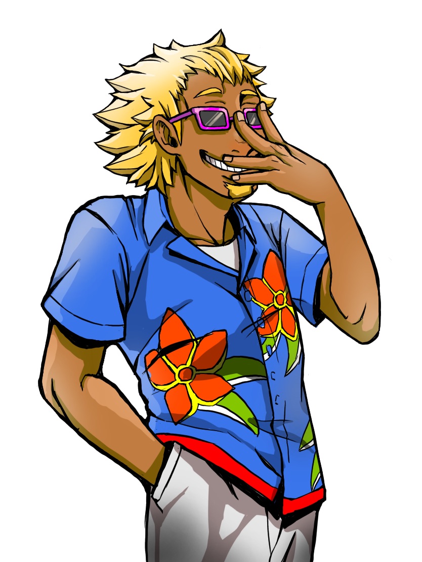 1boy, animal_crossing, aoppoi., beard, blonde_facial_hair, blonde_hair, bud_(animal_crossing), dark_skin