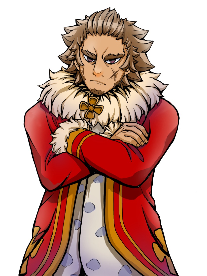 1boy, aoppoi., beard, brown_eyes, brown_hair, crossed_arms, animal_crossing, elvis_(animal_crossing), facial_hair, fur_trim, male_focus, nintendo, personification, scar, solo, white_background