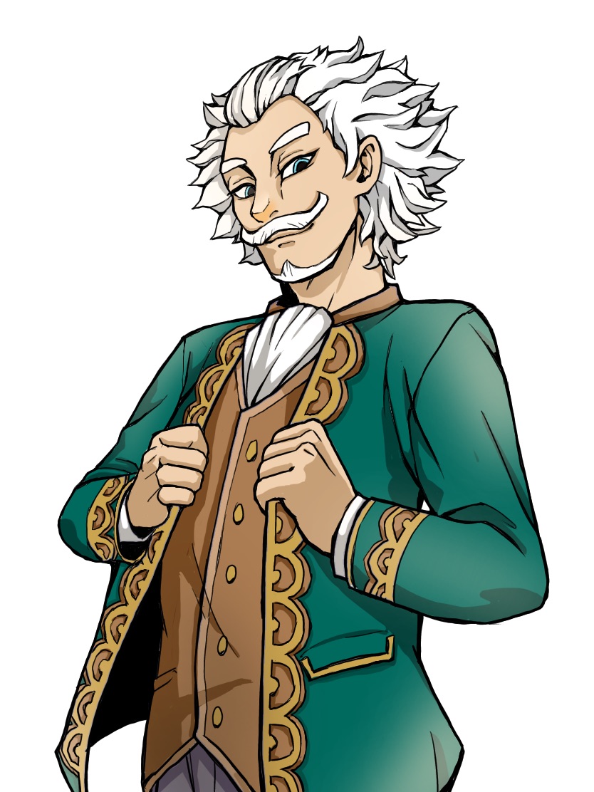 1boy, aoppoi., beard, blue_eyes, animal_crossing, facial_hair, lionel_(animal_crossing), male_focus, mustache, nintendo, personification, solo, white_background, white_hair