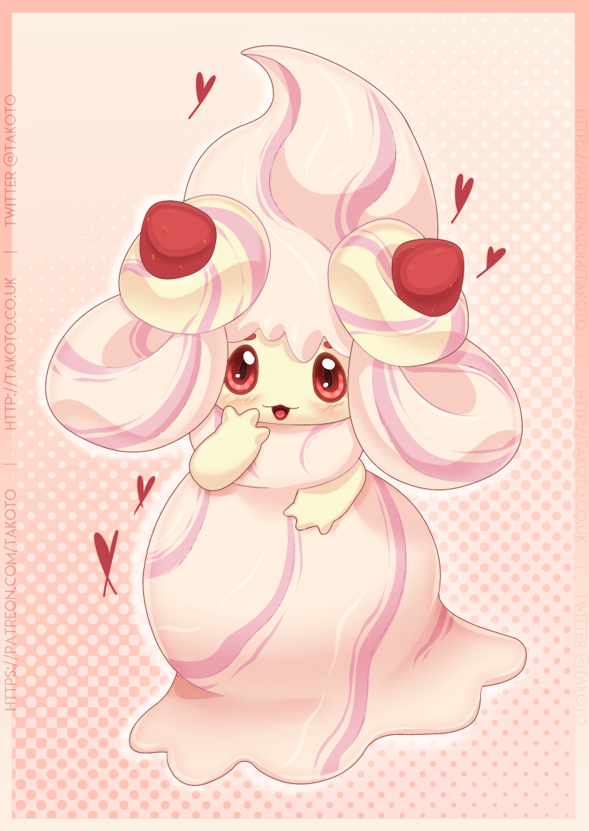 alcremie, alcremie_(strawberry_sweet), alcremie_(vanilla_cream), border, brown_eyes, food, fruit, gen_8_pokemon