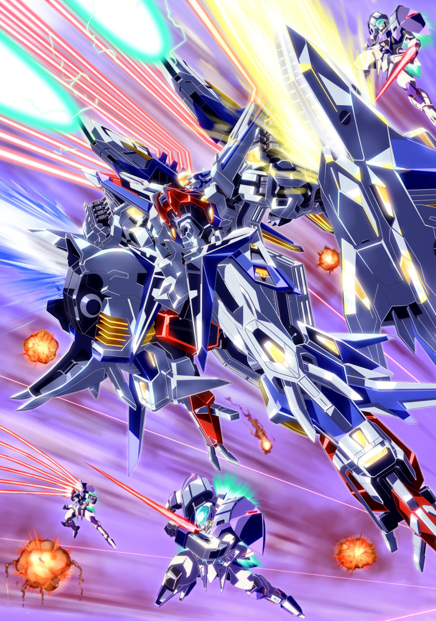 choukou_gasshin_xardion, clenched_hands, explosion, firing, gun, highres, joints, laser