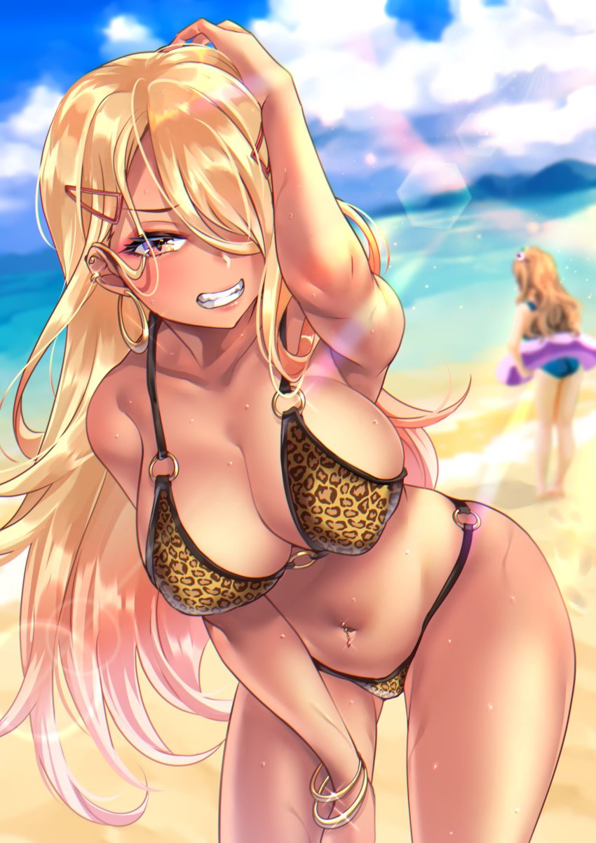 2girls, absurdres, animal_print, beach, bikini, blonde_hair, blue_sky, bracelet