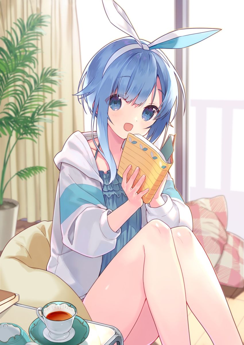 1girl, blue_eyes, blue_hair, book, bow, commentary_request, female_focus, hair_bow