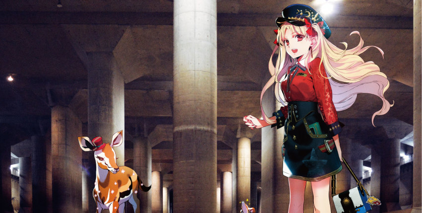 animal, bag, blonde_hair, collarbone, collared_shirt, deer, earrings, ereshkigal_(fate)