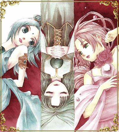 3girls, :d, armlet, bare_shoulders, between_breasts, blue_dress, blue_hair, blush