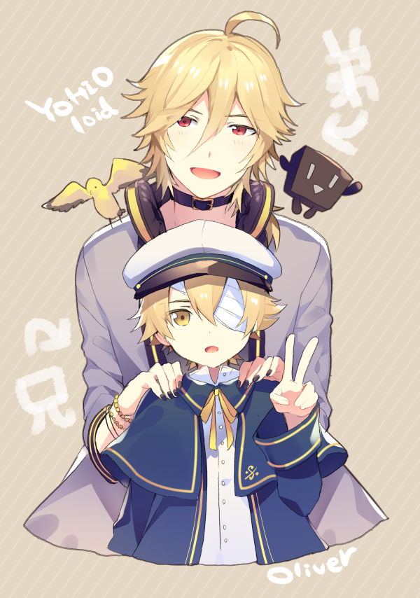 2boys, ahoge, bandage_over_one_eye, beige_background, belt_collar, blonde_hair, blue_capelet, blue_jacket