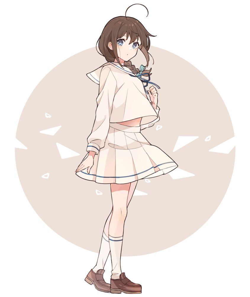 1girl, ahoge, alternate_costume, beige_sailor_collar, beige_serafuku, beige_skirt, black_hair, blue_eyes