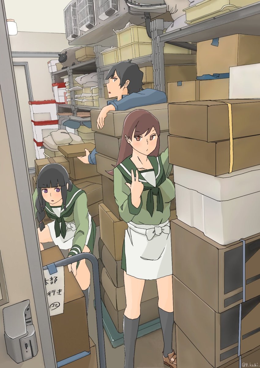 1boy, 2girls, apron, black_hair, black_socks, blunt_bangs, box, braid