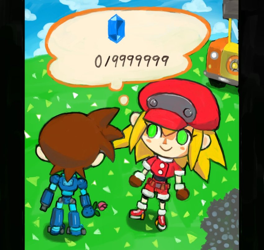 1boy, 1girl, animal_crossing, animal_crossing:_pocket_camp, blonde_hair, blush, brown_hair, dakusuta, flower, gloves, green_eyes, hat, long_hair, mega_man_(series), mega_man_legends_(series), mega_man_volnutt, newsboy_cap, nintendo, parody, red_shorts, roll_caskett_(mega_man), rose, shorts, smile, style_parody