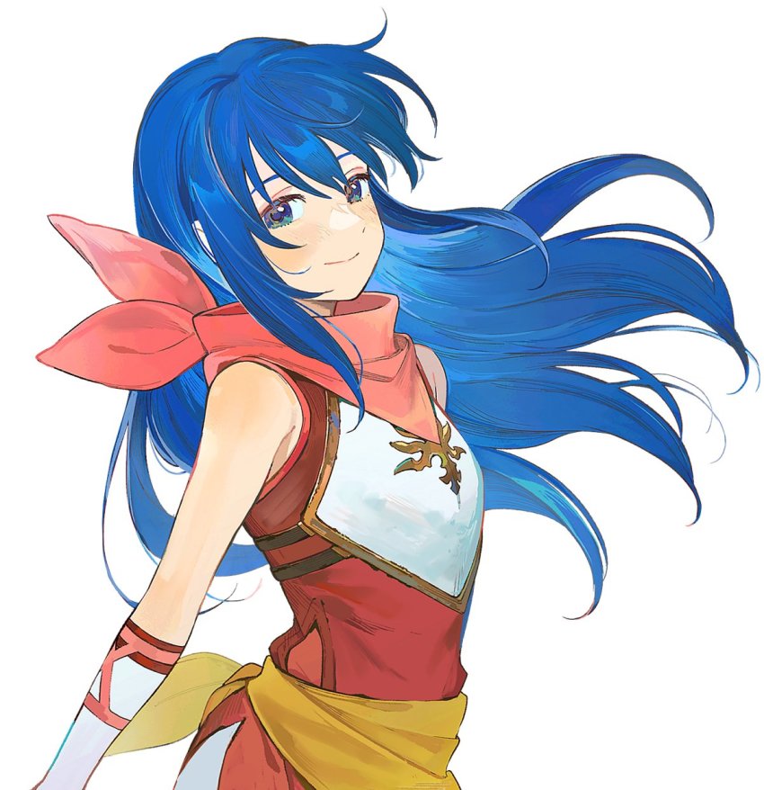 1girl, aged_down, blue_eyes, blue_hair, caeda_(fire_emblem), caeda_(princess_of_talys)_(fire_emblem), closed_mouth, female_focus, fire_emblem, fire_emblem:_mystery_of_the_emblem, fire_emblem_heroes, highres, kyufe, long_hair, matching_hair/eyes, nintendo, pink_scarf, scarf, simple_background, smile, solo, upper_body, white_background